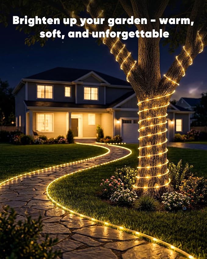 Brightown Solar Rope Lights, 39FT 100LED Outdoor Solar String Lights, IP65 Waterproof Solar Powered Fairy Lights with 8 Lighting Modes for Party Garden Patio Pool Backyard Tree Decoration, Warm White