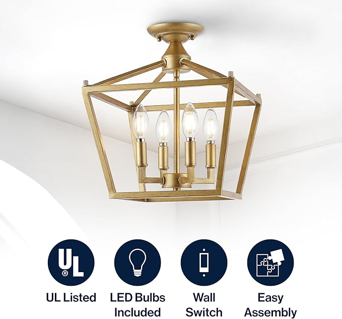 JONATHAN Y 12" Brass Gold Modern Farmhouse Pagoda 4-Light LED Semi Flush Mount Lantern, Metal Ceiling Light Fixture for Kitchen, Hallway, Entryway, Bedroom, Hardwired (JYL7610B)
