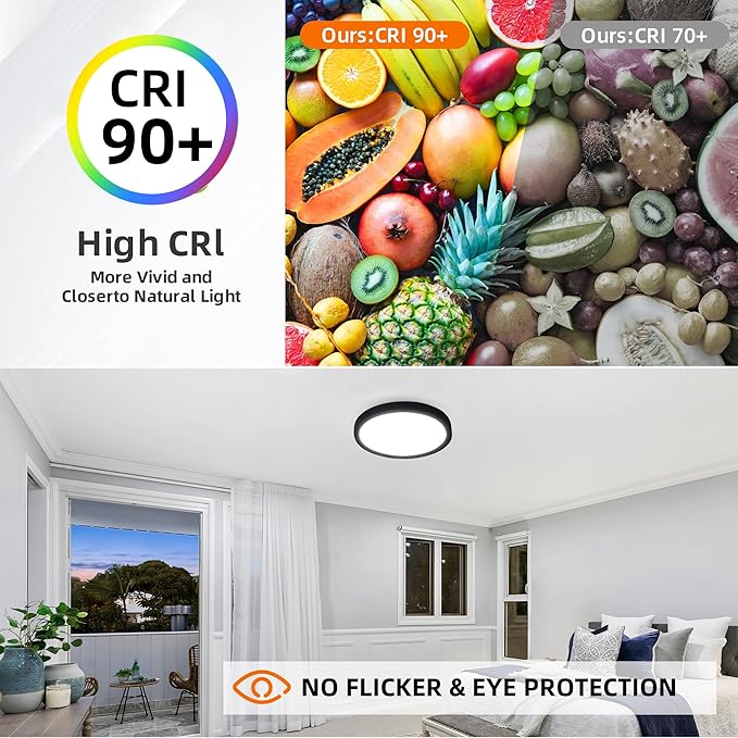 Hlite 12 Inch Flush Mount LED Ceiling Light with Night Light, 24W, 2400lm, 3000K/4000K/5000K Selectable, Flat Lights for Ceiling, Dimmable LED Ceiling Light for Bedroom, Kitchen, Black(2Pack)
