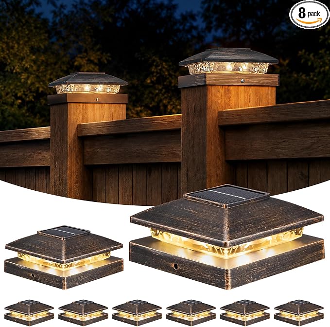 APONUO Solar Post Cap Lights for 4x4 Posts - IP64 Waterproof, 3000 Bright LED, Wireless Fence Lights & Deck Lights for Patios, Gardens, and Yards, Brushed Copper-Warm White, 8-Pack