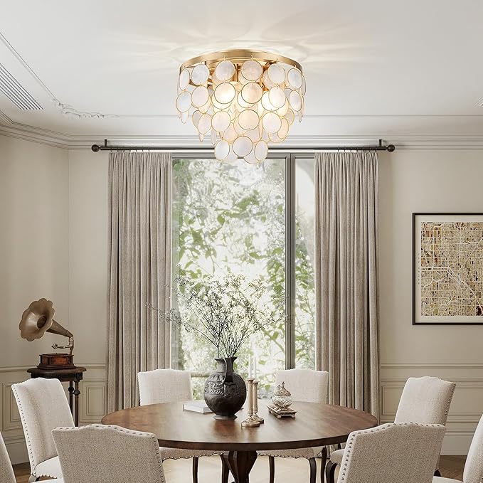 3-Light Capiz Shell Ceiling Light, Coastal Design Flushmount Light Fixture for Dining Room, Living Room, Bedroom, True Shell & Gold Finish Frame
