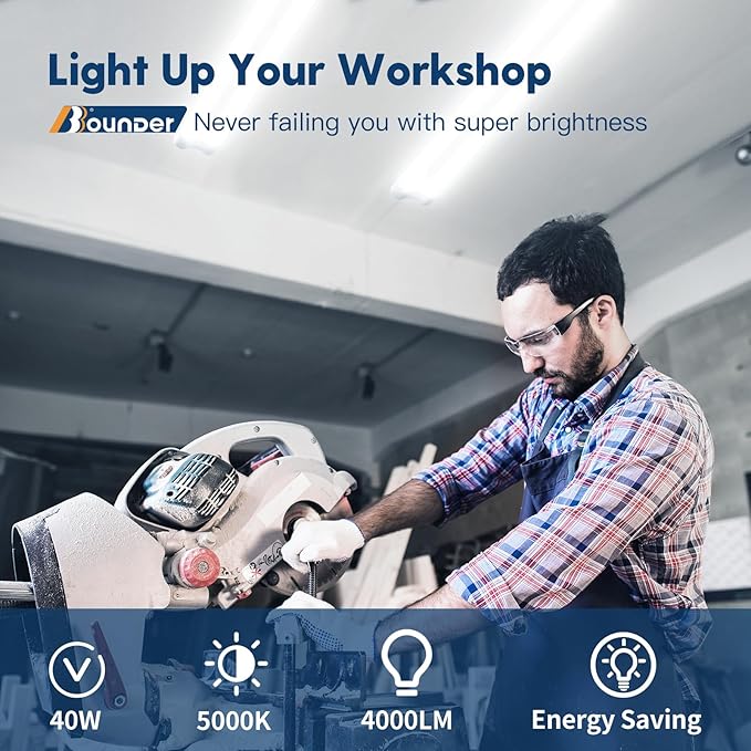 BBOUNDER 4 Pack Linkable LED Utility Shop Light, 4 FT, 4000 LM, 48 Inch Integrated Fixture for Garage, 40W Equivalent 250W, 5000K Daylight, Surface + Suspension Mount, White