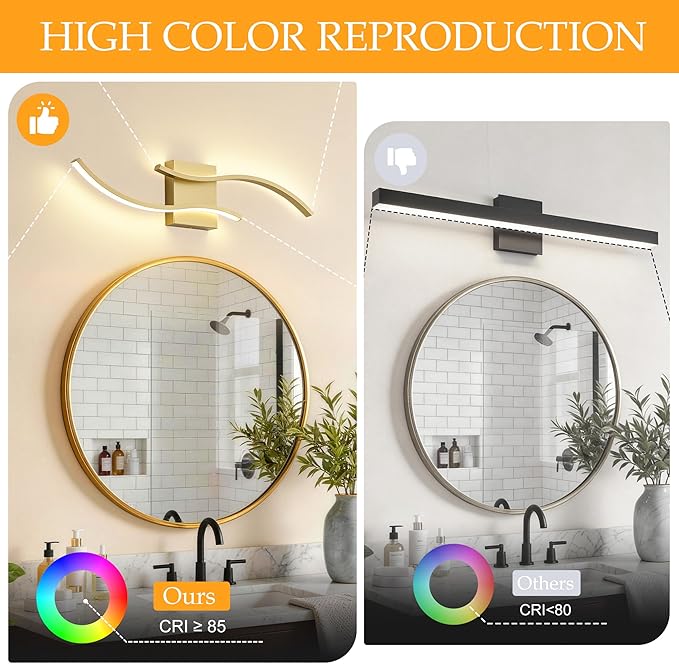 KARTOOSH 2 Pack Gold Light Fixture Hardwired Bathroom Vanity Lights Fixtures Over Mirror 23.6 Inch 3CCT Dimmable Modern Wall Lights for Mirror Kitchen Living Room Cabinet Porch Hallway