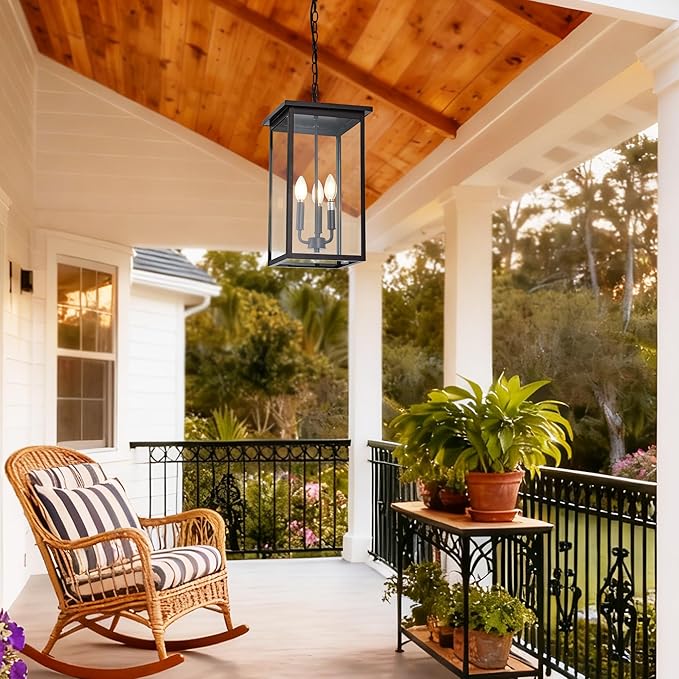 Large Outdoor Pendant Light Fixtures, Oil Rubbed Bronze 3-Lights Outdoor Ceiling Hanging Lanterns with Clear Glass, Exterior Gazebo Light for Patio, Porch, Yard, Gara