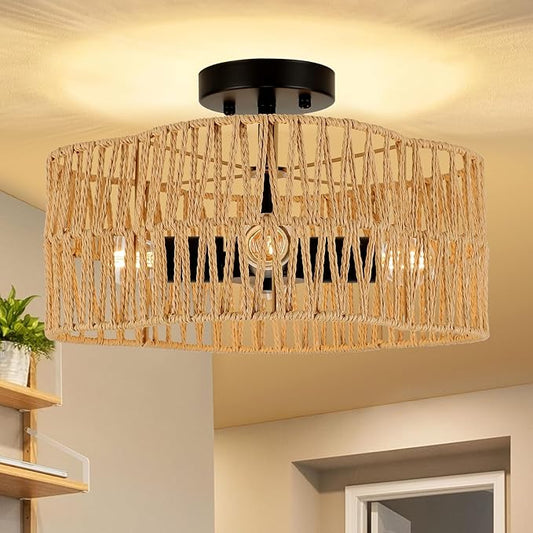 13.4" Boho Light Fixtures Flush Mount,Modern 4-Light Rattan Ceiling Light Fixtures,Flower-Shaped Close to Ceiling Light Fixture for Bedroom Nursery Hallway Kichen Room