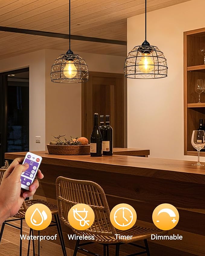 Battery Operated Hanging Outdoor Chandelier, 4/6/8 H Timer, Dimmable Bohemian Hanging Shed Gazebo Lights Outdoor Waterproof for Patio, Porch, Gazebo, Pergola, Kitchen Decor Lighting