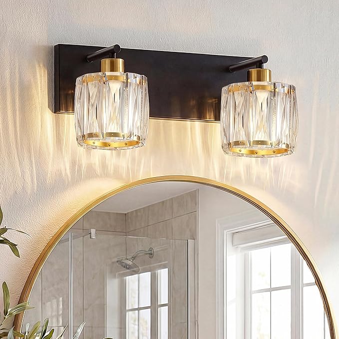 VOLISUN Crystal Vanity Lights for Bathrooms, 2 Light Bathroom Vanity Light, Black and Gold Bathroom Light Over Mirror, Modern Bathrooms Lights Fixtures-UL Certificated(Exclude Bulb)