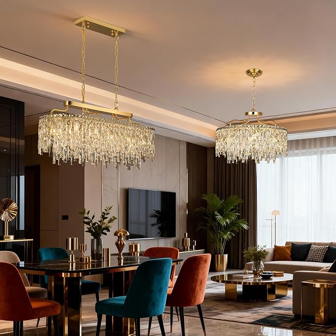 12-Lights Modern Gold Crystal Chandeliers for Dining Room Light Fixtures Over Table | L36" Luxury Crystal Chandeliers for Kitchen Island | Oval Hanging Lighting for Living Room Bedroom Bathroom