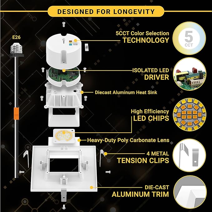 NUWATT 4 Pack, 4 Inch Retrofit LED Square Recessed Lighting, 5CCT 2700K/3000K/3500K/4000K/5000K Selectable, 750 Lumens 11W, Dimmable Ceiling Light, White Square Trim Can Light, Wet Rated, ETL Listed