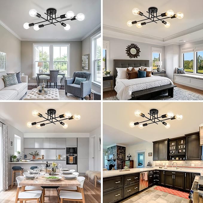 6-Lights Semi Flush Mount Modern Ceiling Light Fixture, Industrial Ceiling Light, Black Vintage Metal Sputnik Chandelier, Farmhouse Lighting for Kitchen Dining Room Living Room Bedroom