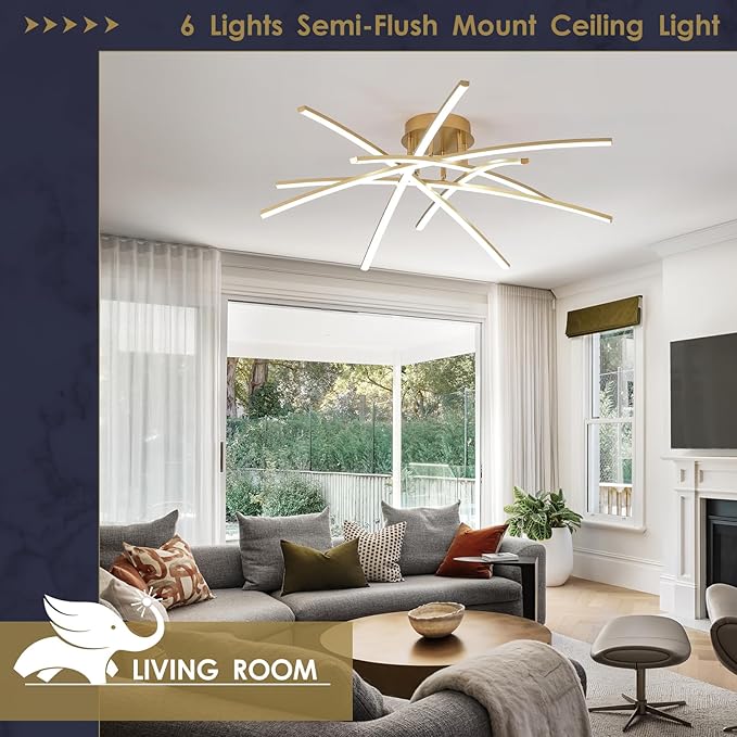 Gold LED Chandelier Semi Flush Mount Ceiling Light, 65W Remote Control Ceiling Lighting Fixture for Living Room Dining Room Kitchen Bedroom 32.8” Close to Ceiling Light Dimmable 3000K-6000K