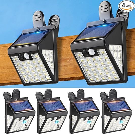 Clip On Solar Lights Outdoor,Motion Sensor Outdoor Lights, 72LEDs 600LM Clip on Solar Fence Lights Outdoor Waterproof LED,Solar Lights for Wall Fence,Deck, Gutter,Camping (4, Black)