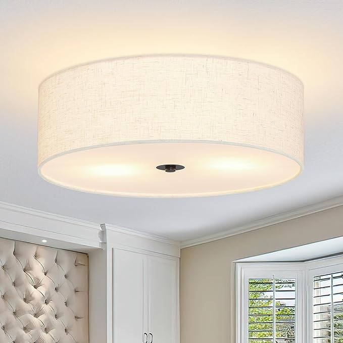 Bagood 16 Inch 3-Light Drum Modern Black Ceiling Light Fixture Flush Mount Ceiling Light Fixture Dimmable Close to Ceiling Light Fixture with Fabric Shade for Living Room Hallway Entryway Bedroom