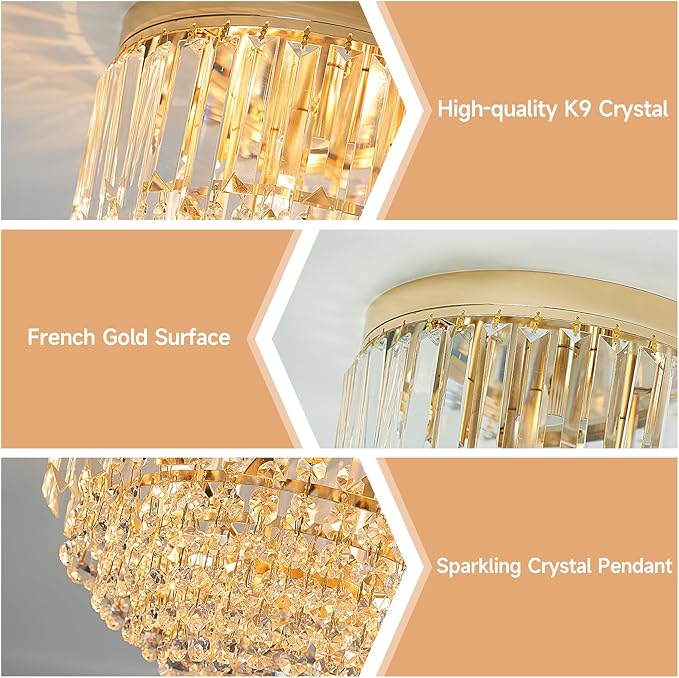 YMP&YZX Modern 3-Lights Crystal Chandelier French Gold,11.8" Semi Flush Mount Crystal Ceiling Light LED Round Chandelier Light E12 Base for Bedroom Living Room