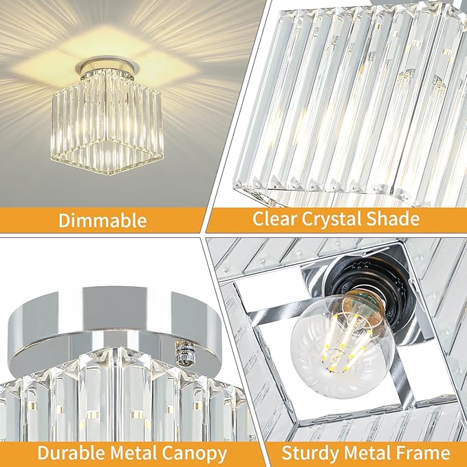2-Pack Crystal Semi Flush Mount Ceiling Light Modern Chrome Small Square Ceiling Light Fixture Entryway Chandelier for Kitchen Bedroom Bathroom Hallway Laundry, 7.24Inch