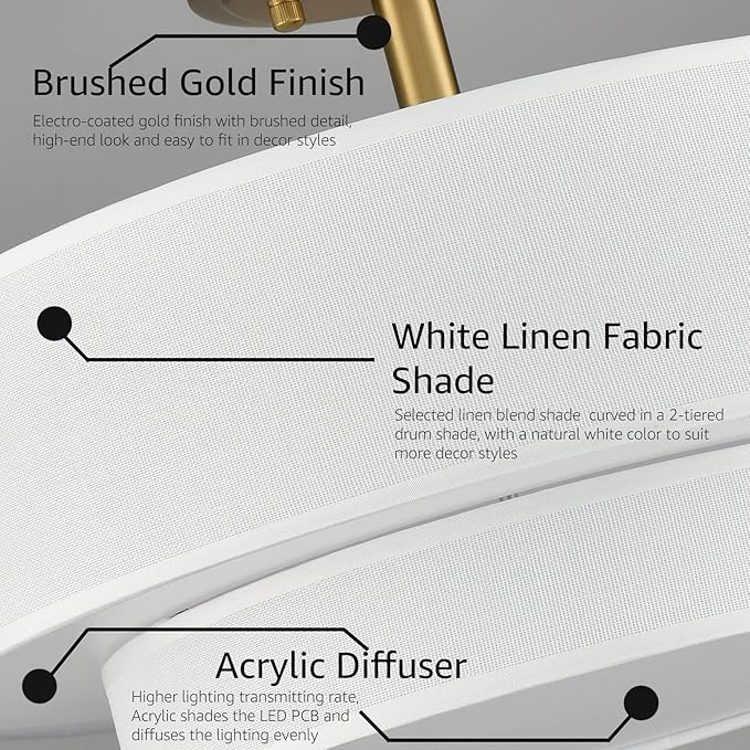 DAYCENT Modern Gold Semi Flush Mount Ceiling Light with Drum Shade 3000K/4500K/5500K LED Flush Mount Drum Lamp Brass Ceiling Light Fixtures for Hallway Bedroom Kitchen Living Room, 30W