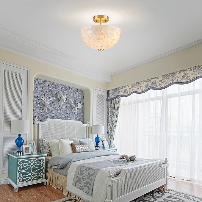 D12 inch Modern Capiz Shell Ceiling Light, 2-Light Coastal Design Semi-Flushmount Light Fixture for Dining Room, Hallway, Bedroom, D12xH10 inch, Shell Lampshade & Gold Finish Frame