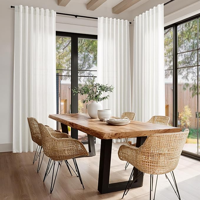 Nanspring Beige White 102 Inch Linen Curtains for Living Room Back Tab Rod Pocket Privacy Semi Sheer Light Filtering Curtains Coastal Decor Soft Long Curtain for Bedroom, 2 Panels 60x102