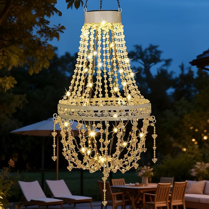 Hanging Solar Lantern Outdoor Chandelier, Waterproof Modern Crystal Acrylic Pendant Light with Warm White LED S Hook Gifts for Women Garden Decor Light for Gazebo, Patio, Yard, Party, Wedding