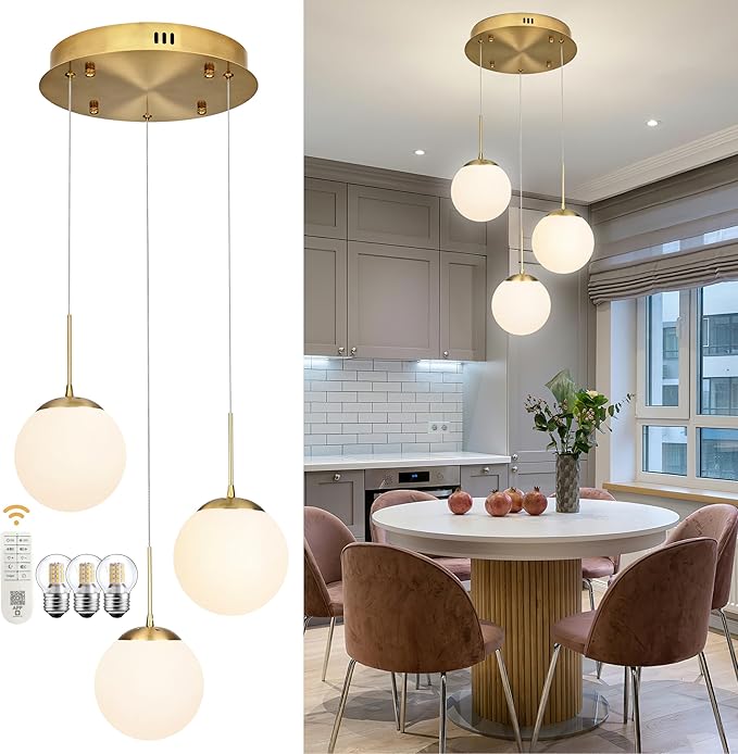 KoKo&Yukina 3-Light Globe Glass Pendant Light Modern Gold Globe Chandelier Adjustable Length Pendant Light Fixtures Milky White Glass Lights Fixture for Hallway Living Room Bedroom