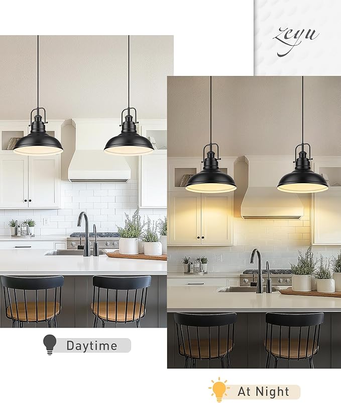 zeyu 2 Pack Modern Pendant Lights for Kitchen Island, Industrial Hanging Light Fixtures 11-Inch, Matte Black Finish, 016-1-2PK BK