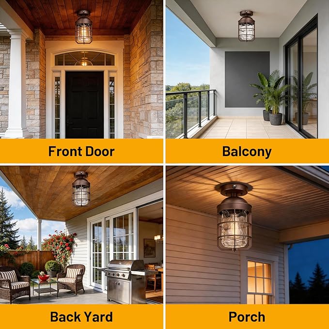 Outdoor Ceiling Lights for Porch with Dusk to Dawn Sensor, Outdoor Semi Flush Mount Ceiling Light Fixture with Water Ripple Glass for Front Porch Entryway Patio