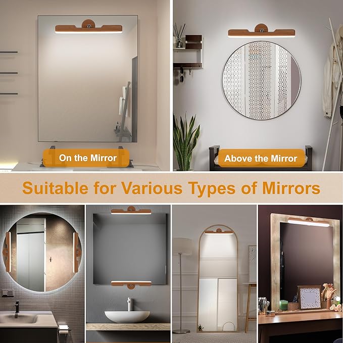 Benreom 2 Pack Vanity Lights for Mirror with 4000mAh Rechargeable Battery, Touch Control Dimmable Makeup Light with 3 Color Modes, Magnetic 360° Adjustable LED Bathroom Mirror Light, Light Wood