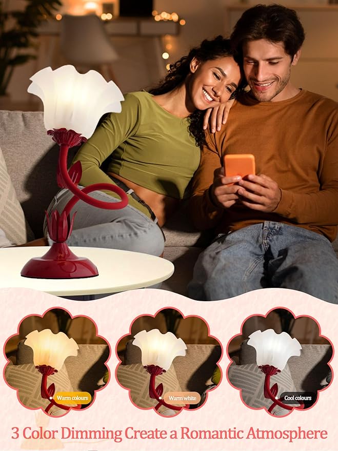 AQDZCNF Flower Table Lamp,LED Reading Light Bedside Vintage Flower Night Light,3 Colors Modes Kawaii Bedside Lamps Decor,Living Room Bedroom Room Lighting Table Lamps Home Decoration (Red)