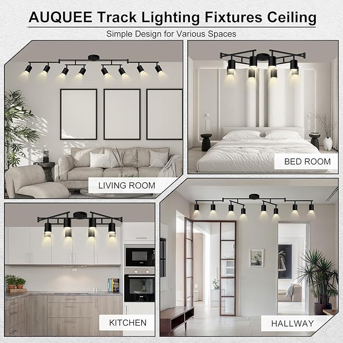 AUQUEE 8 Light Track Lighting Fixtures Ceiling, Matte Black Kichen Track Lighting Fixtures, Rotatable Light Heads, Adjustable Modern LED Track Lights for Kitchen/Hallway, No GU10 Bulb