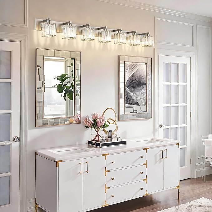 Aipsun Brushed Nickel Bathroom Light Fixtures Crystal Vanity Lighting Fixture Modern Bathroom Vanity Light 7 Light (Exclude Bulb)