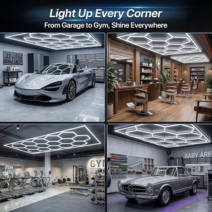 Hexagon Garage Lights 144W 17280LM - 25 Pack Super Bright LED Honeycomb Ceiling Lights for Garage, Workshop, Gym, Car Detailing, Barber & Auto Shops