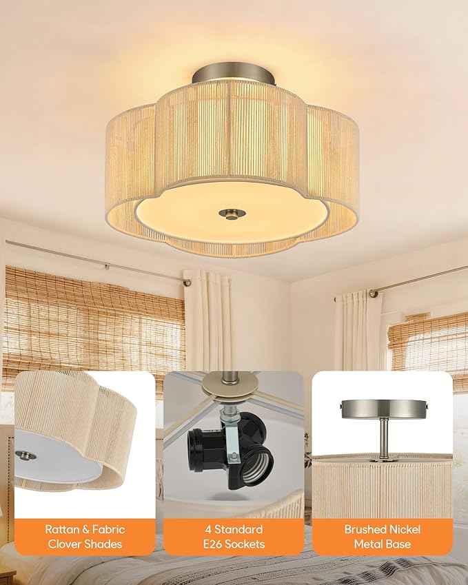 VONLUCE Semi-Flush Mount Boho Ceiling Light, 14" 4-Light Rattan Ceiling Light Fixture with 2 Tier Rattan Fabric Clover Shade, Lighting for Bedroom Dining Living Room, Nickel Finish, ETL Certificated