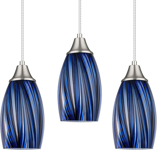 karyfine Dark Blue Glass Mini Pendant Lights for Kitchen Island 3Pack Blown Art Glass Pendant Lighting Shade Hanging Pendant Lights with Brushed Nickel Finish for Kitchen Over Sink,Dining Room