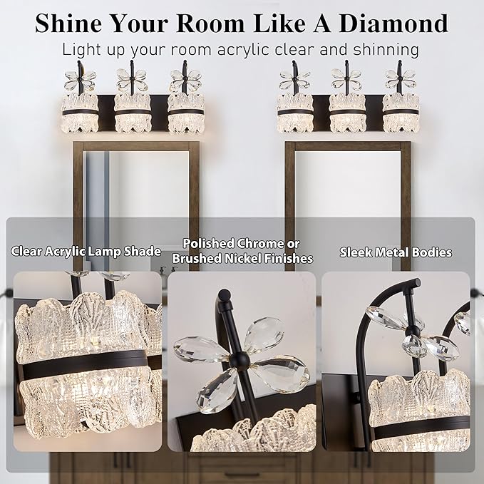 Bathroom Lights Over Mirror - Makeup Lighting Black - Bathroom Vanity Light with Acrylic Shades for Bath, Makeup Desk, Farmhouse, Hallway, 3-Light