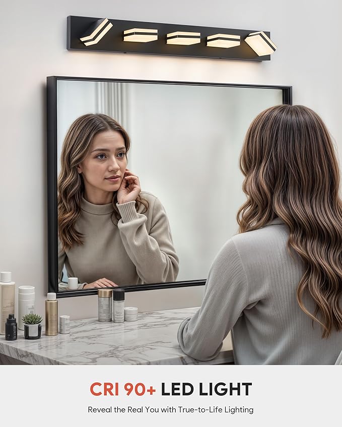 VONLUCE Bathroom Vanity Light Fixture, 5-Light Modern LED Vanity Light, 3CCT Adjustable Bathroom Lights with Memory Function Rotatable Shades, 34" Wall Lighting Fixture Over Mirror, Matte Black
