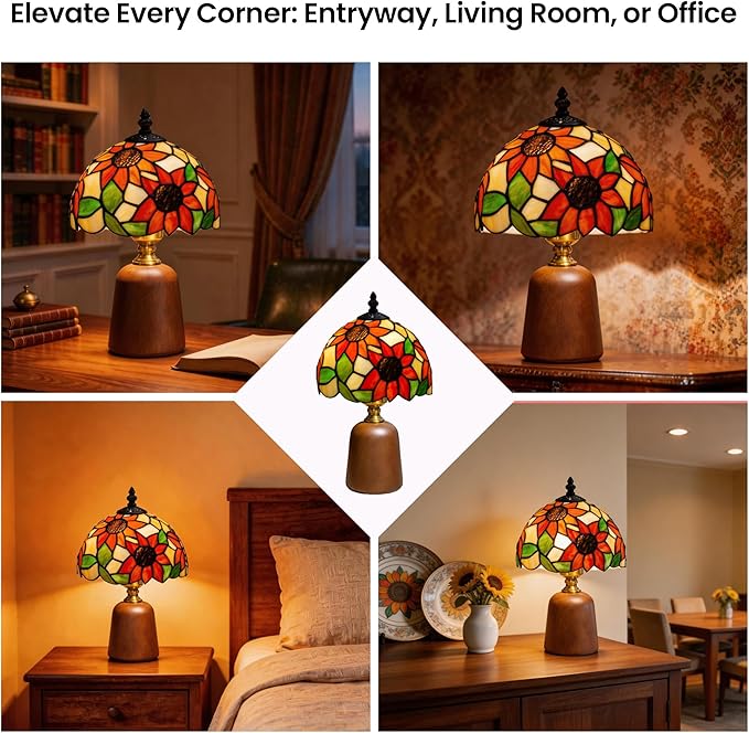 12.2" Tiffany Style Lamp, Handcrafted Stained Glass Sunflower Table Lamp with Solid Wood Base, 3-Color Dimmable Bedside Lamp for Nightstand & Bedroom, Vintage Aesthetic Accent Light