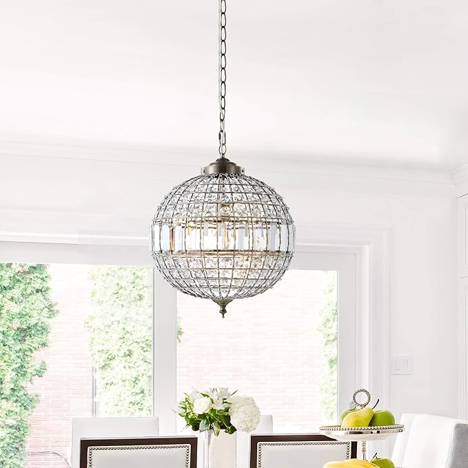 JONATHAN Y 16" Antique Brass/Clear Modern Crystal LED Pendant Light for Kitchen, Clear Crystal Shade, Glam Globe Chandelier Hanging Ceiling Lamp for Dining Room Entryway (JYL6110B)