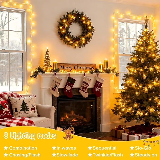 JMEXSUSS 2 Pack 100 LED Warm White Christmas Lights Indoor, Connectable 33ft String Lights Outdoor Waterproof, 8 Modes Clear Wire Christmas String Lights for Classroom Bedroom Party Tree Decorations