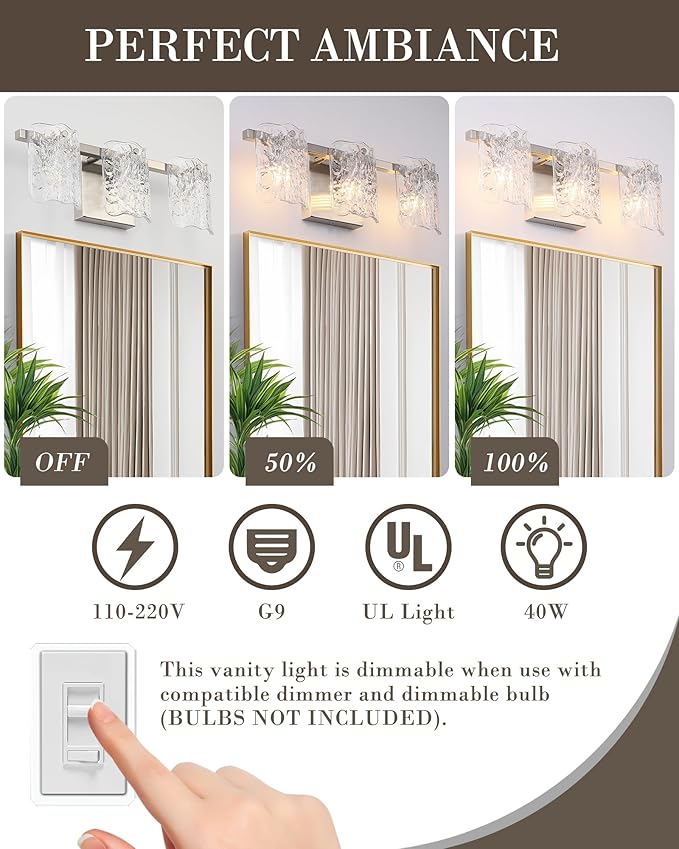 3-Light Bathroom Vanity Light, Brushed Nickel Bathroom Light Fixture Over Mirror with Clear Glass, Modern Bath Wall Sconce Lighting for Bath Restroom, OS-MM5002-3BN
