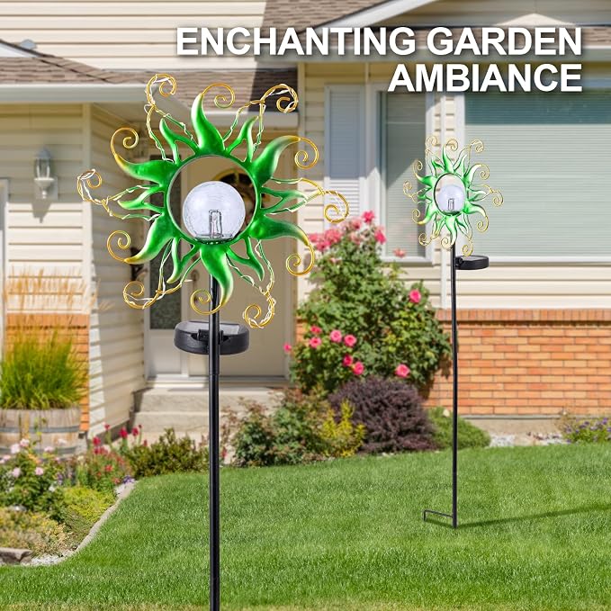 Solar Garden Lights Outdoor, Green Metal Sun Stake with 30 LED Waterproof Vine String Crackle Glass Spring Decor for Patio,Yardr,Lawn Gardening Birthday Gifts