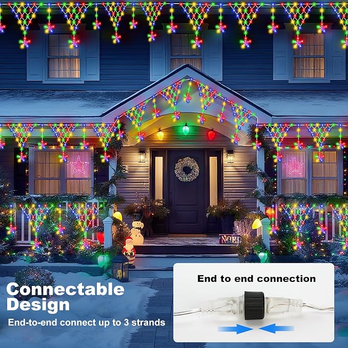 (New) Christmas Curtain Lights, RGB Remote Control Christmas Lights, 218 LED 13.8FT Outdoor String Lights with 12 Star Drops 8 Modes Waterproof for New Year, Eaves, Fence, Balcony, Railing Decor