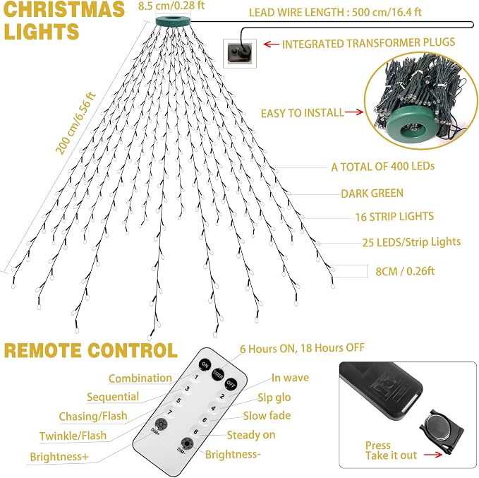 Christmas Tree Lights 400 LEDs with Timer, Xmas String Lights with Ring 16 Strings 6.6FT Easy to Install, Christmas Curtain Fairy Tree Light 8 Modes for Xmas Fir Pine Party Decoration, Colorful