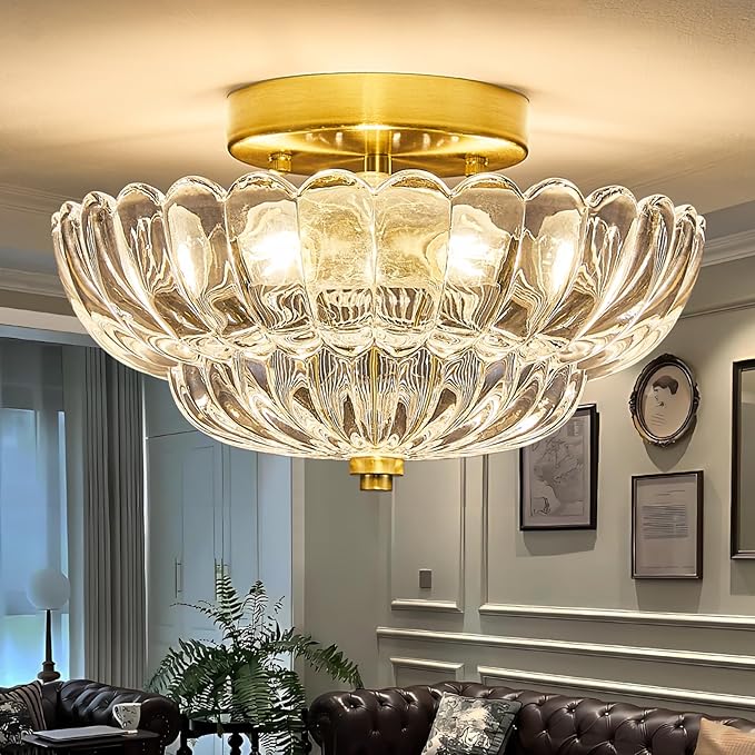3-Lights Mid Century Modern Vintage Semi Flush Mount Ceiling Light Fixture,Gold Surface Treatment,Clear Flower Glass,for Hallway Bedroom Bathroom Foyer Closet Entryway Laundry Room(11.81 in)