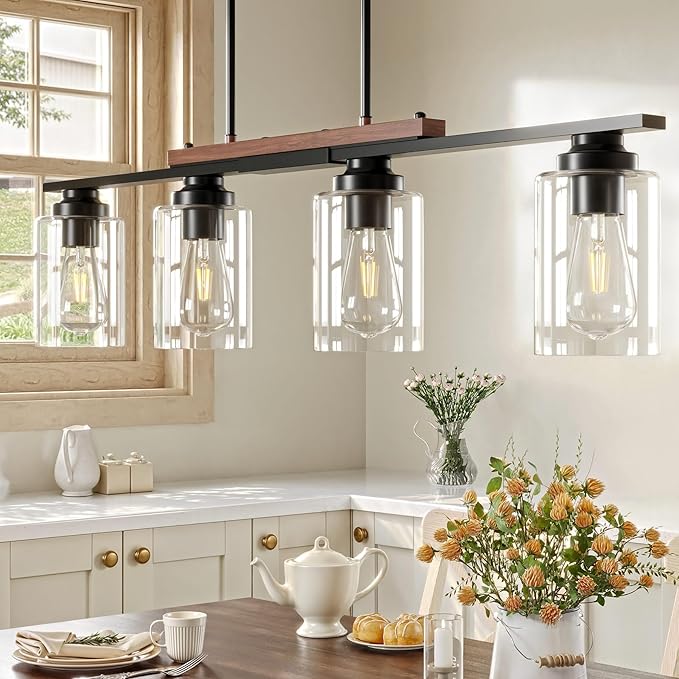 VONLUCE Dining Room Light Fixture Over Table, 4-Light Kitchen Island Lighting with Glass Shade and Adjustable Rods, Farmhouse Linear Chandelier Pendant Light for Kitchen Living Room, Matte Black