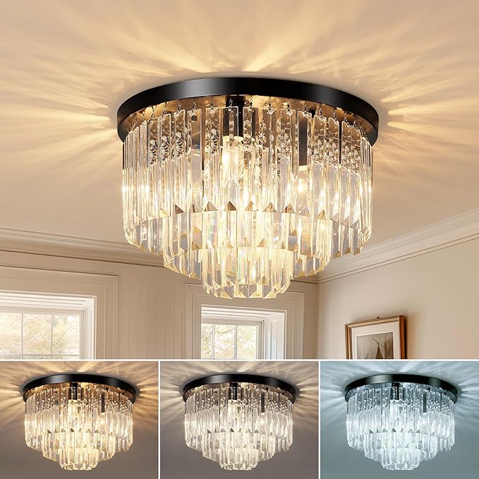 16" Black Crystal Chandelier Ceiling Light, Flush Mount 5-Lights 3-Tier K9 Crystal Round Chandelier Light for Dining Room Kitchen Island Living Room Bedroom