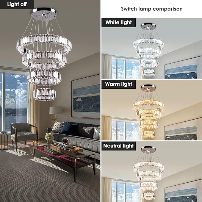 Modern Crystal Chandeliers 4 Ring LED Crystal Pendant Light DIY Adjustable High Chandelier for Dining Room Living Room Bedroom 3 Color Changeable