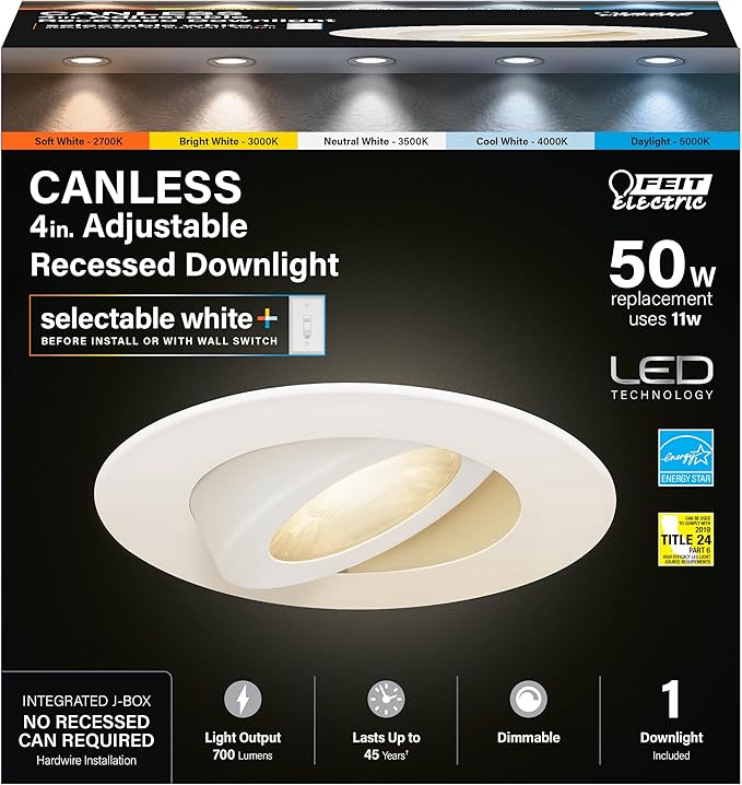 Feit Electric 4" LED Recessed Downlights with External Tethered Jbox, 50W Equivalent, Dimmable, 5CCT Seletable White, 90 CRI, 700 Lumens, 45-Year Lifetime, LEDR4XT/ADJ/6WYCA/4, 4 Pack