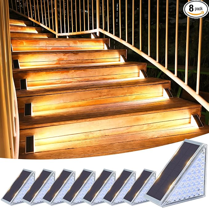 VOLISUN Solar Step Lights for Outside 8 Pack, Solar Stair Lights Outdoor Waterproof IP67,28 LED,1200 mAH Outdoor Step Light,Outdoor Decor for Garden Stair, Deck, Front Step, Front Porch,and Patio
