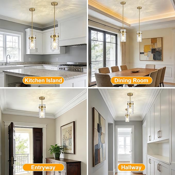3 Pack Brushed Gold Pendant Lights Kitchen Island, Hammered Glass Pendant Lighting Over Island, Kitchen Hanging Light Fixtures Pendant Light Over Sink for Kitchen Entryway Foyer Dining Room