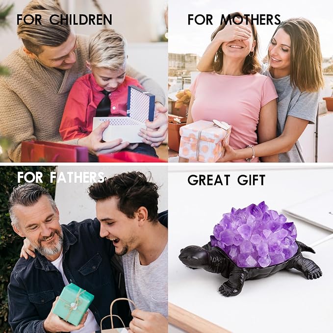 Runyangshi Natural Amethyst Tooth Turtle Night Lamp Healing Crystal Bedroom Bedside Table Lamp USB Port Home Decor Women Men Gift